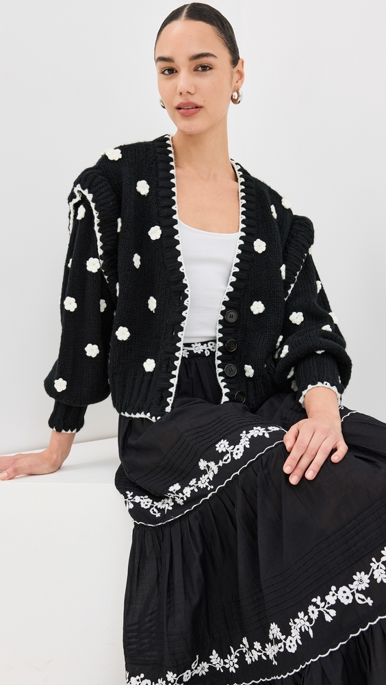 FARM Rio Black and White Flowers Knit Cardigan